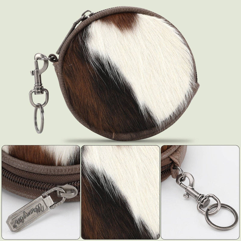 WG116-002  Wrangler Genuine Hair On Cowhide Circular Coin Pouch Bag Charm - Coffee