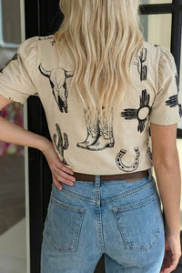 Beige Western Print Tee W/ Puff Sleeves