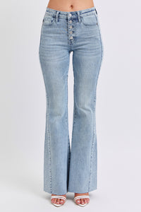 Mid Rise Rhinestone Side Panel Detail Flare Denim Jeans