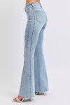Mid Rise Rhinestone Side Panel Detail Flare Denim Jeans