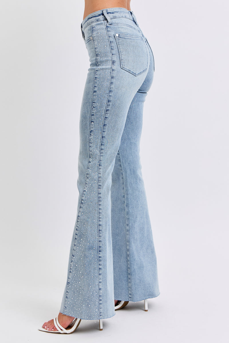 Mid Rise Rhinestone Side Panel Detail Flare Denim Jeans