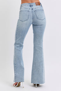 Mid Rise Rhinestone Side Panel Detail Flare Denim Jeans