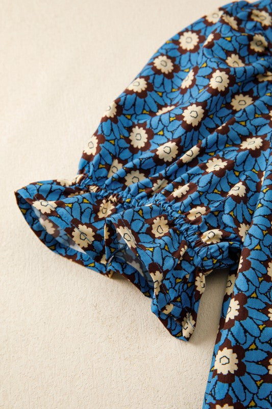 Sky Blue Floral Puff Sleeve Blouse