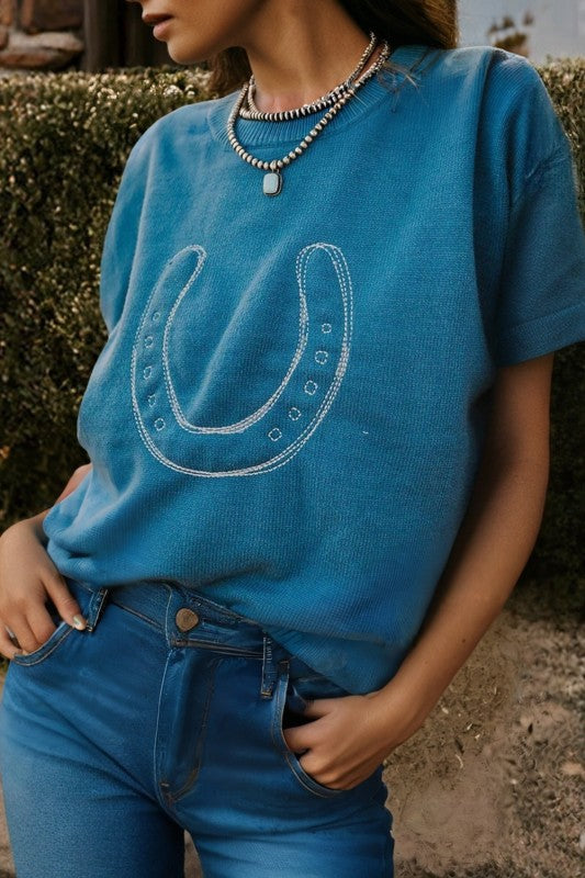 Sweater Vest W/ Embroidered Horseshoe- Light Blue