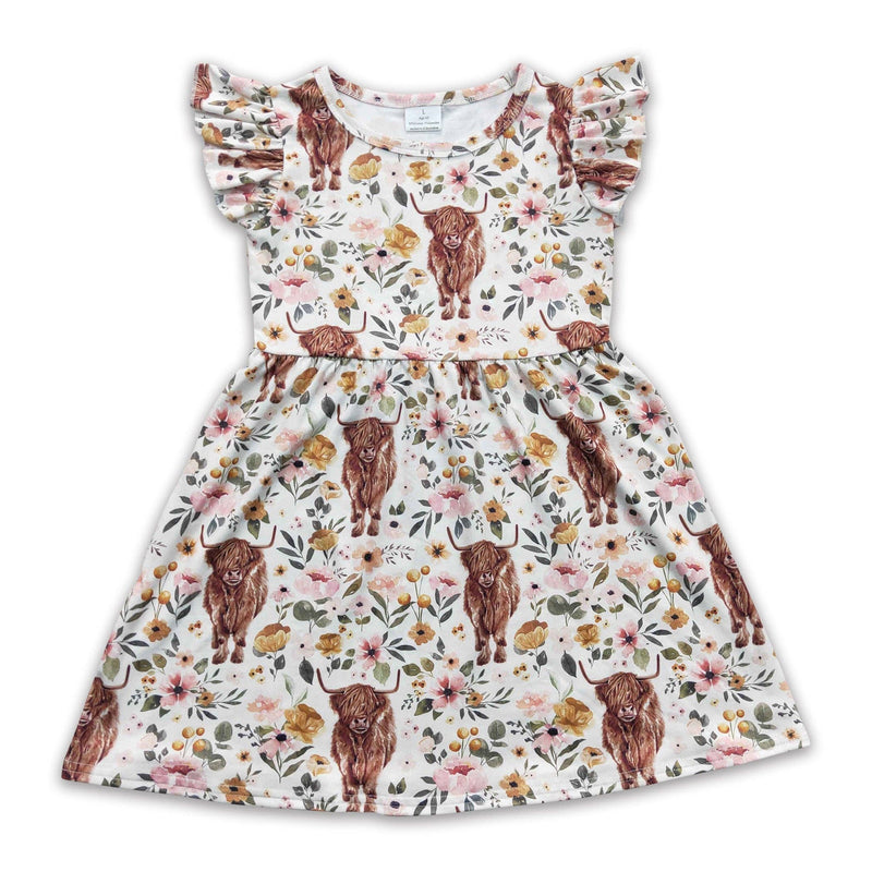 Flutter Sleeves Highland Cow Floral Girl's Western Dress