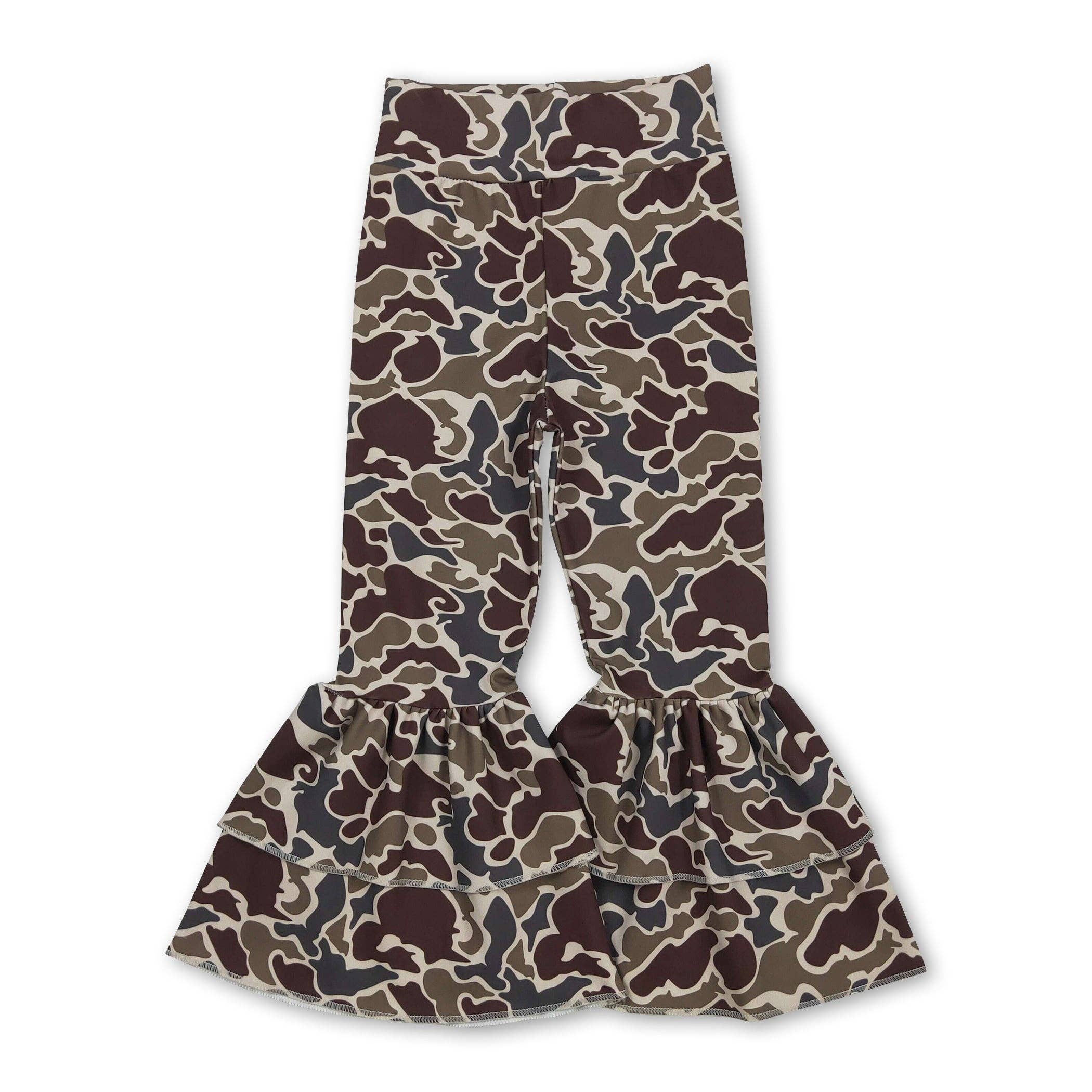 Brown camo double ruffle kids girls active yoga pants
