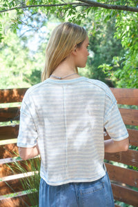 Striped Exposed Seam Henley Boxy Knit Top - Blue