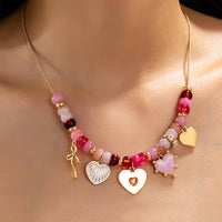 Pink Beaded Heart and Shell Charm Necklace | 80N92903