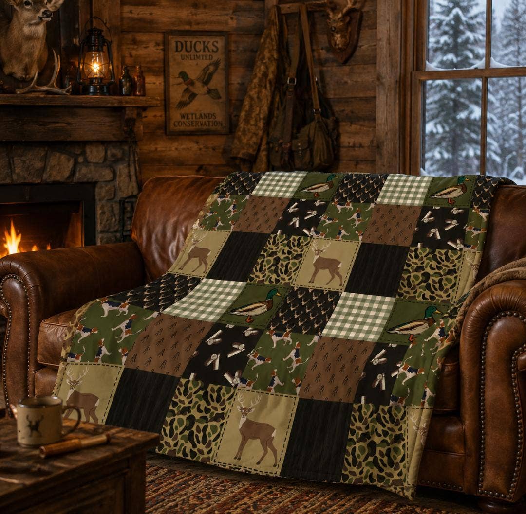 Patchwork Camo Deer Duck Dog Plush Blanket
