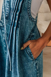 Medium Wash Front Pleated V Neck Tie Overalls