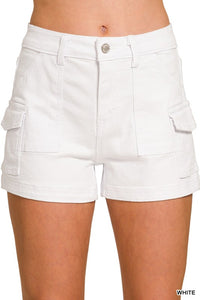 High Waisted Shorts W/ Carpenter Pockets - White
