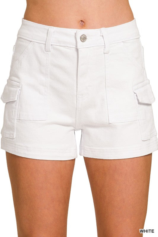 High Waisted Shorts W/ Carpenter Pockets - White