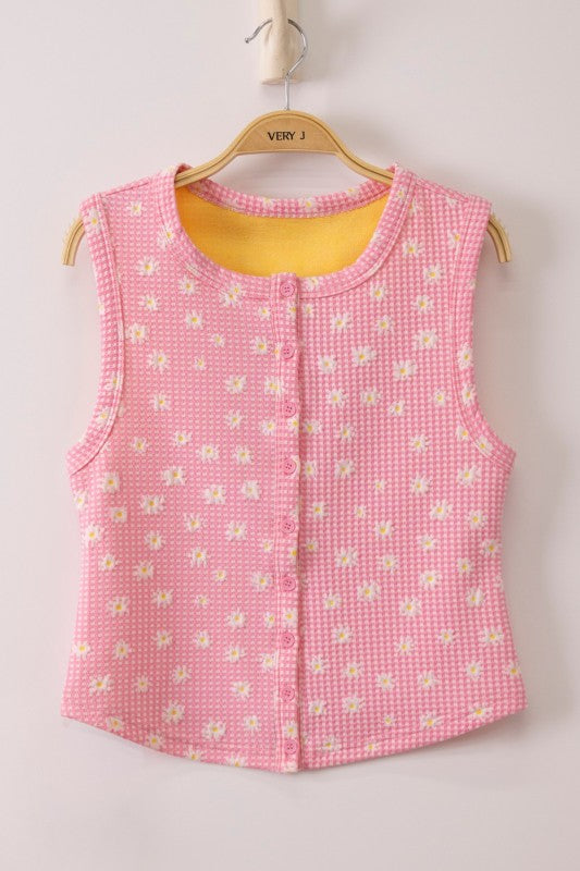 Gingham Daisy Button-Up Sleeveless Top - Pink