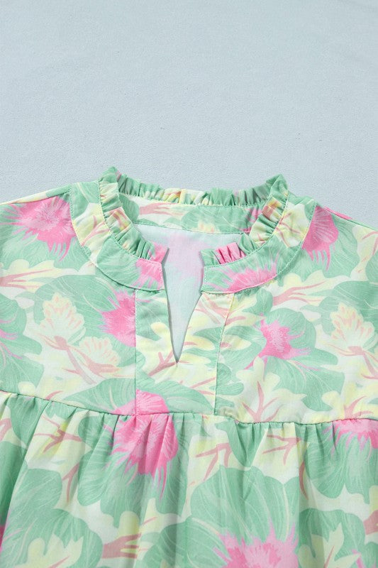 Pastel Green Floral Ruffle Neck Blouse