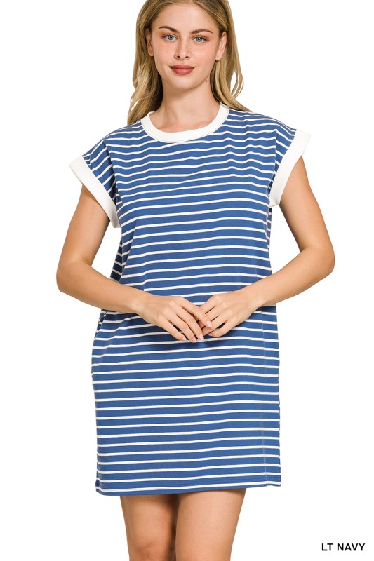 Striped T-Shirt Dress W/ Pockets -Navy Blue