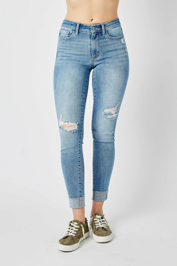 Mid Rise Destroy & Cuff Skinny Jeans 82528