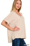 Corded Oversized Ribbed V Neck Top