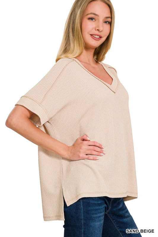Corded Oversized Ribbed V Neck Top