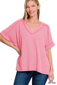 Corded Oversized Ribbed V Neck Top