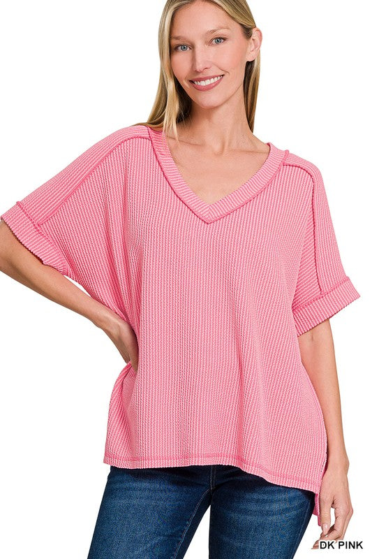 Corded Oversized Ribbed V Neck Top