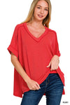 Corded Oversized Ribbed V Neck Top