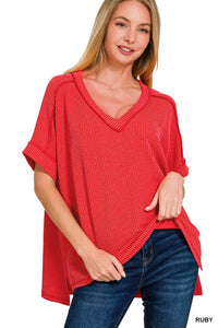 Corded Oversized Ribbed V Neck Top