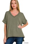 Corded Oversized Ribbed V Neck Top