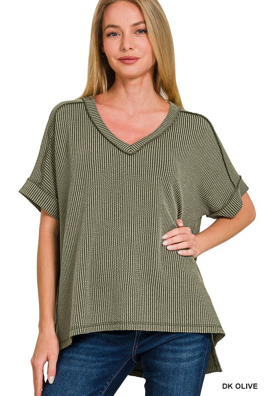 Corded Oversized Ribbed V Neck Top