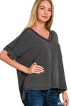 Corded Oversized Ribbed V Neck Top