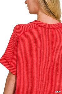 Corded Oversized Ribbed V Neck Top