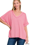 Corded Oversized Ribbed V Neck Top