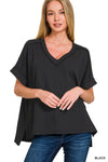 Corded Oversized Ribbed V Neck Top