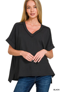 Corded Oversized Ribbed V Neck Top