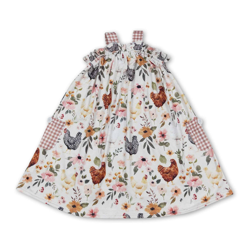 Plaid Straps Chicken Floral Girl's Farm Dress