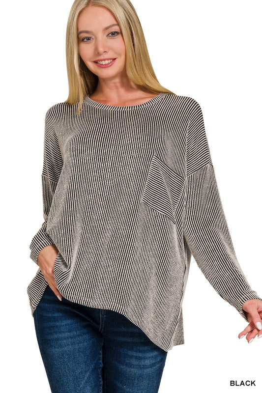 Ribbed Striped Long Sleeve With Pocket
