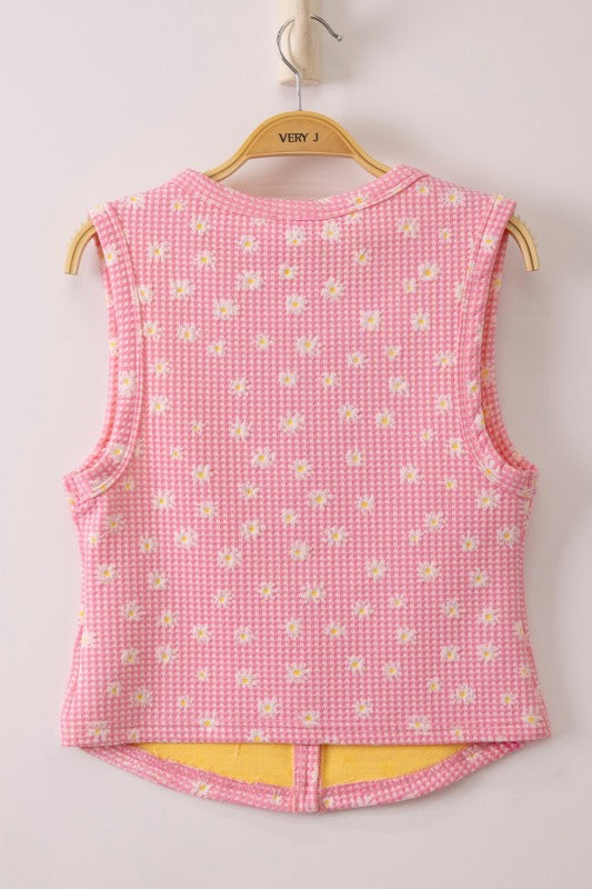 Gingham Daisy Button-Up Sleeveless Top - Pink