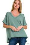 Corded Oversized Ribbed V Neck Top