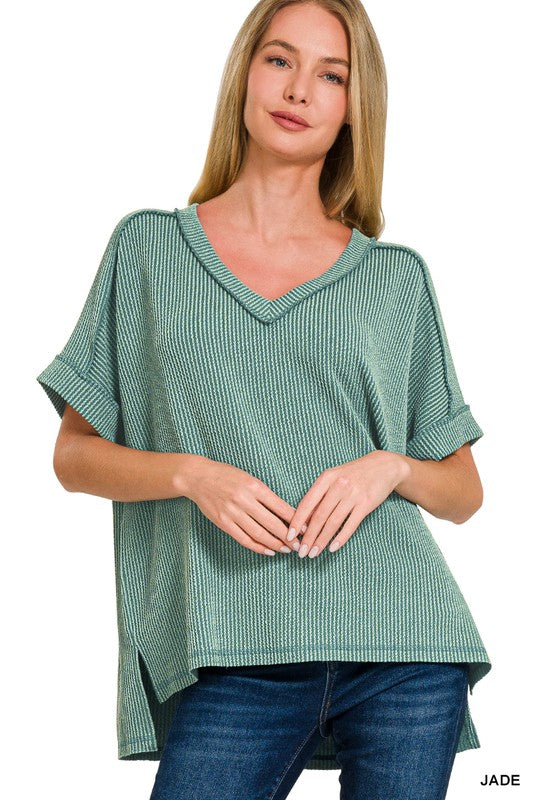 Corded Oversized Ribbed V Neck Top