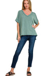 Corded Oversized Ribbed V Neck Top