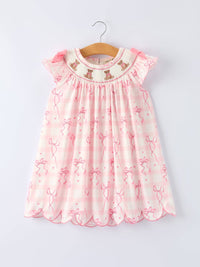 Spring Pink Bow Teddy Smocked Girl Dress