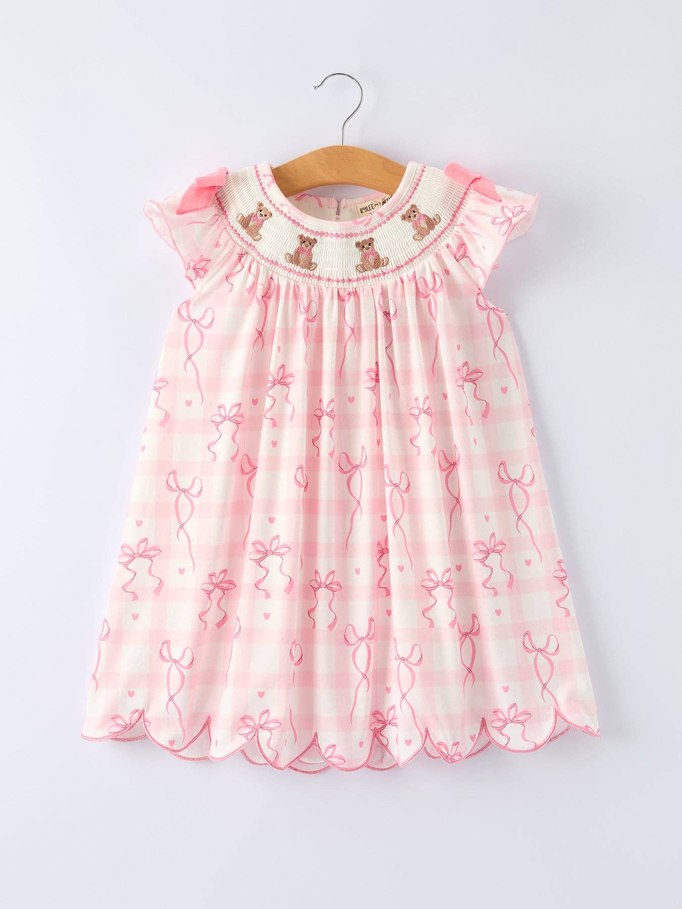 Spring Pink Bow Teddy Smocked Girl Dress