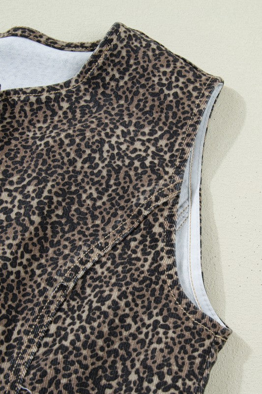 Leopard Print Button-Up Sleeveless Vest