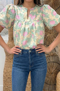 Pastel Green Floral Ruffle Neck Blouse