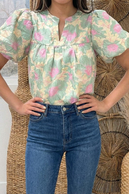 Pastel Green Floral Ruffle Neck Blouse