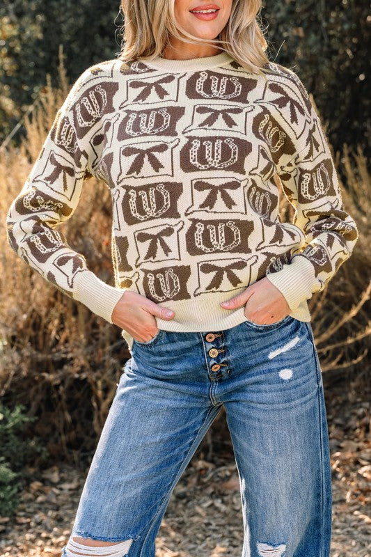 Horseshoes and Bow Sweater Brown/Ivory