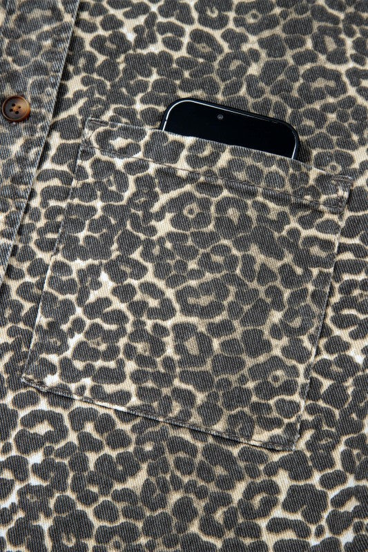 Leopard Print Denim Button-Up Top