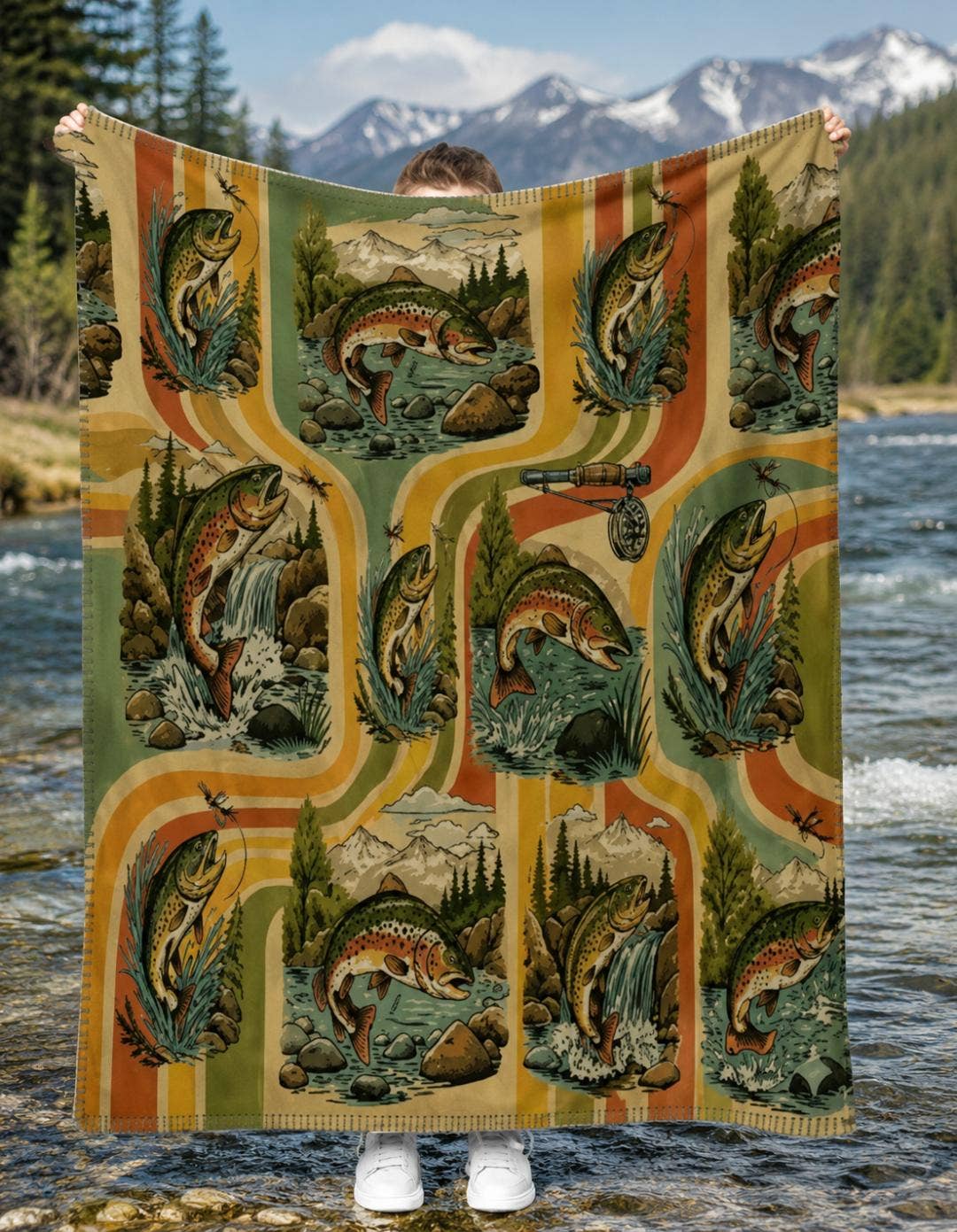 Retro Trout Plush Blanket Fly Fishing