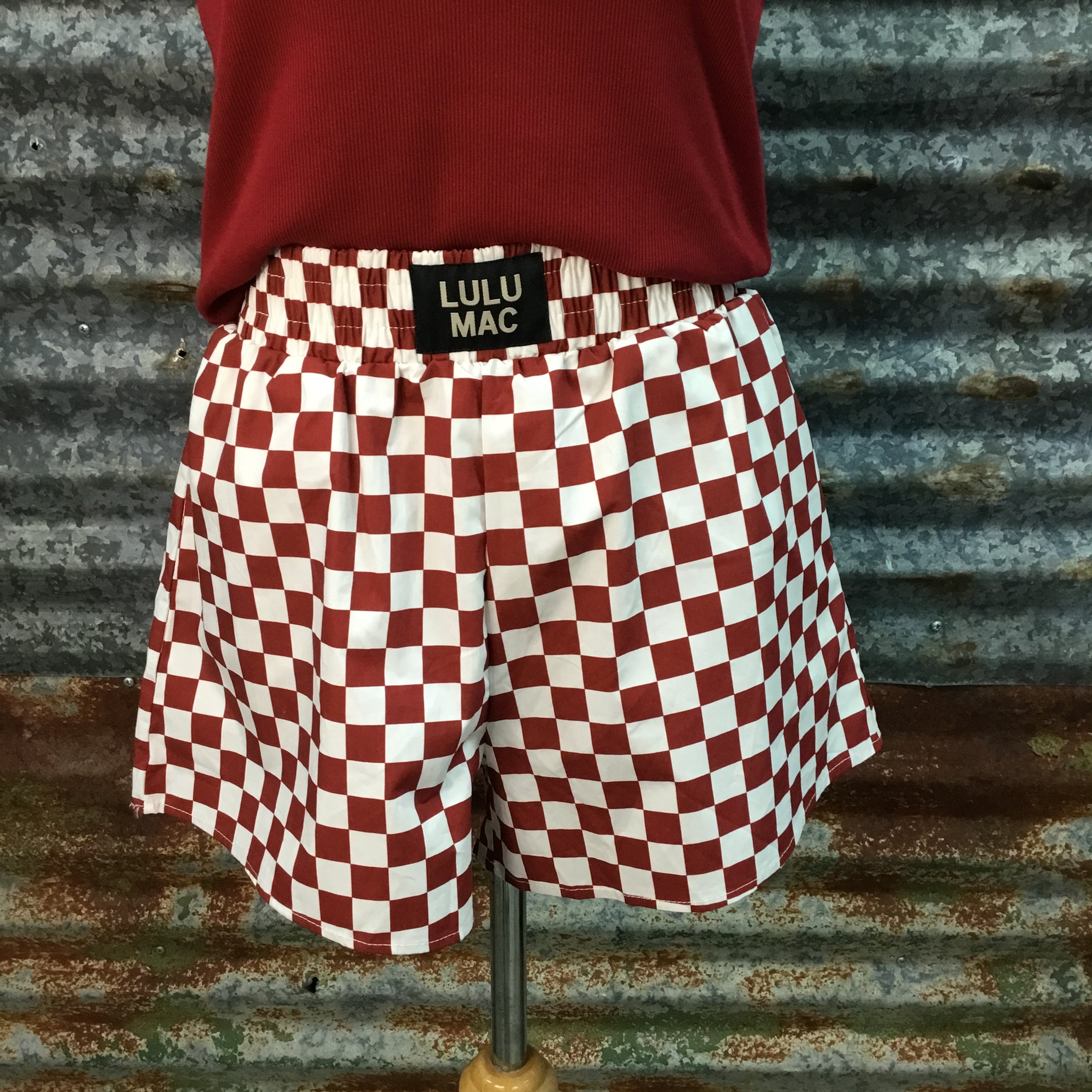 Lulu Mac Checkered Boxer Shorts W/ Pockets  - Maroon/White