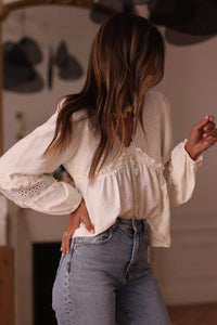 Solid Floral Lace Patchwork Long Sleeve Blouse