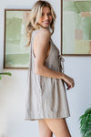 Front Pleated V Neck Sleeveless Denim Romper